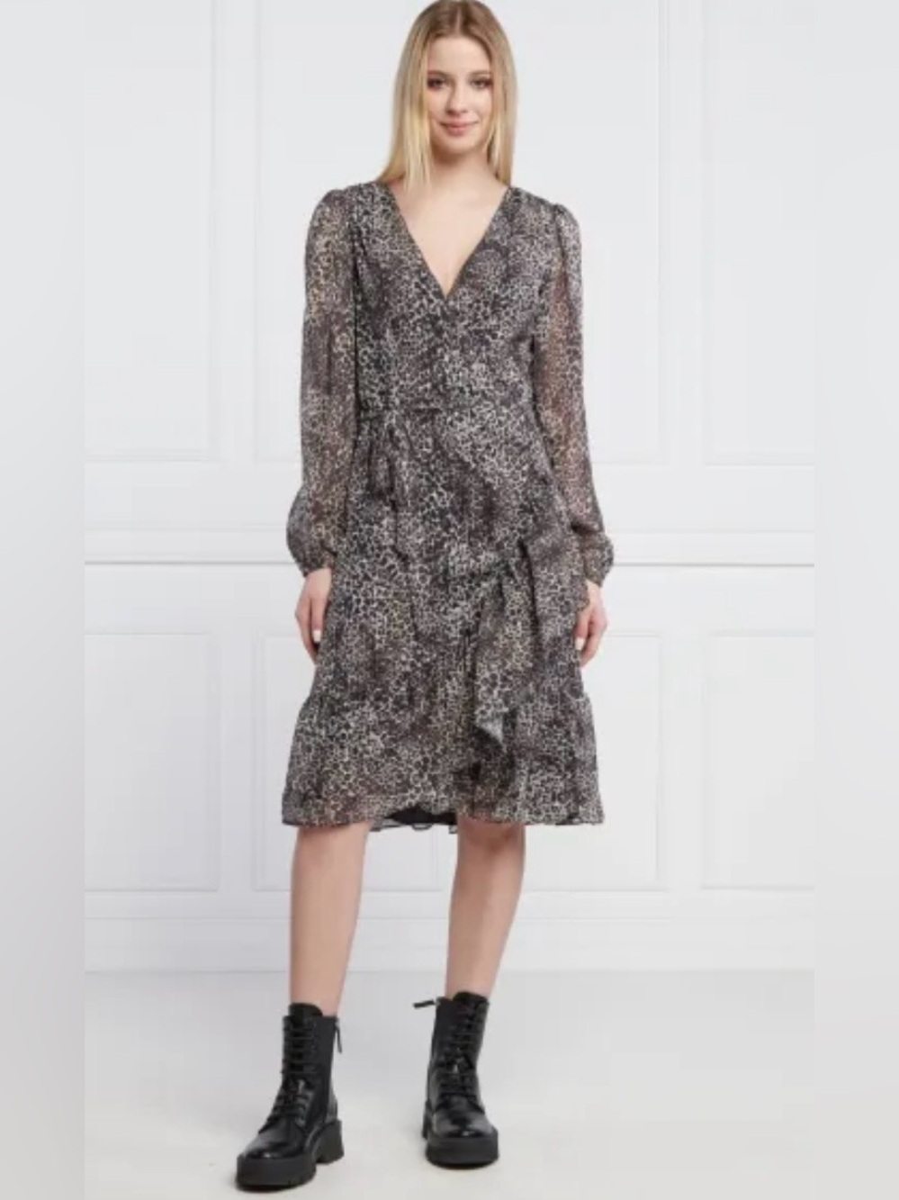 Guess Nina Leopard Animal Print Ruffle Belted Wrap Midi Dress Long Sleeves VNeck